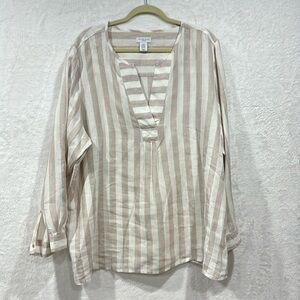 Antibes Blanc Linen Blouse 2X Tan Cream Striped